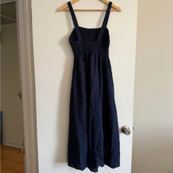 J.Crew Navy Blue Smocked Beach Dress in Linen-Cotton Blend size XS EUC - Picture 4 of 9